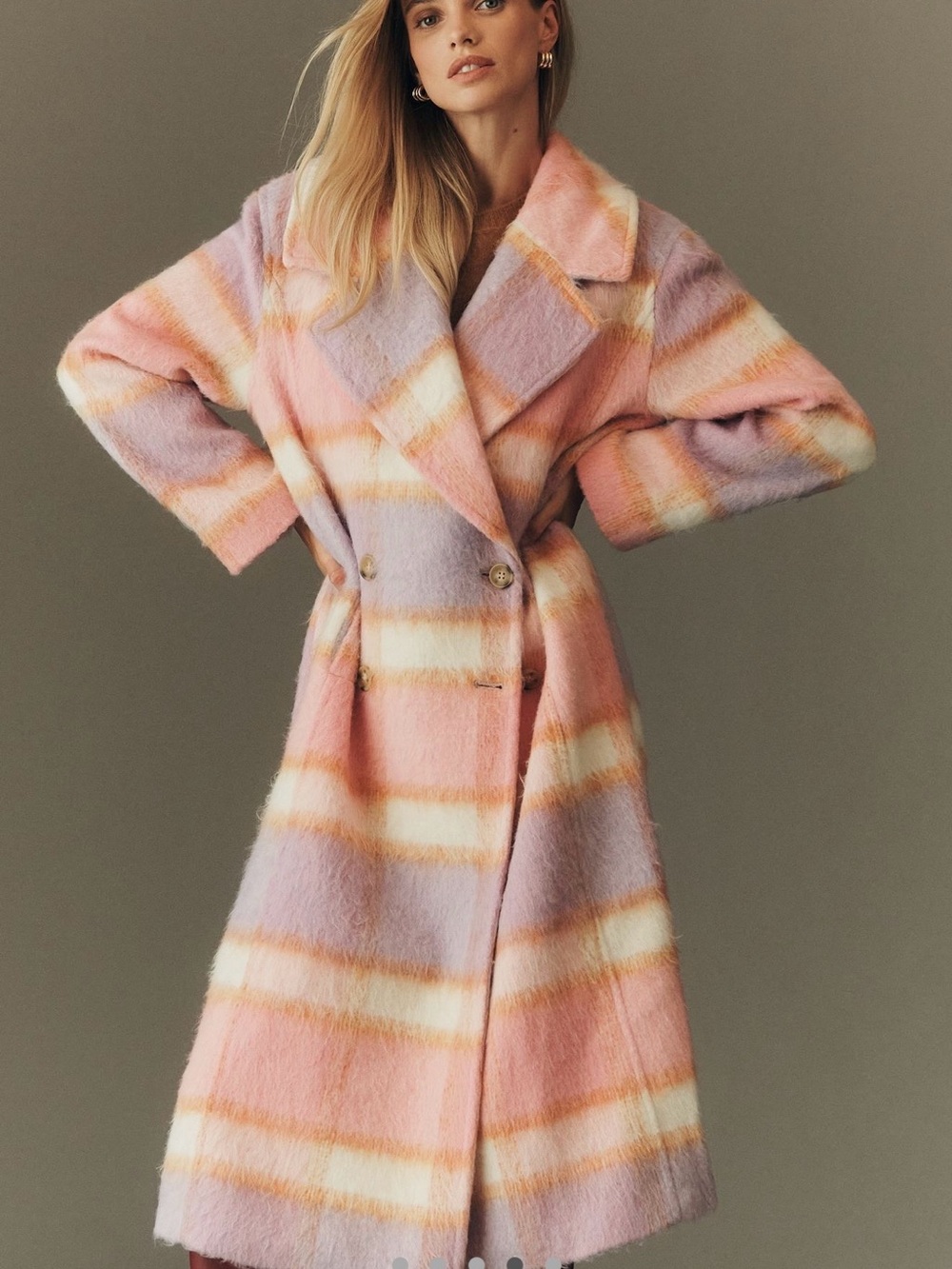 Anthropologie Maeve  Pastel Plaid Long Trench Coat in Pink, Lavender & Cream - Picture 4 of 7